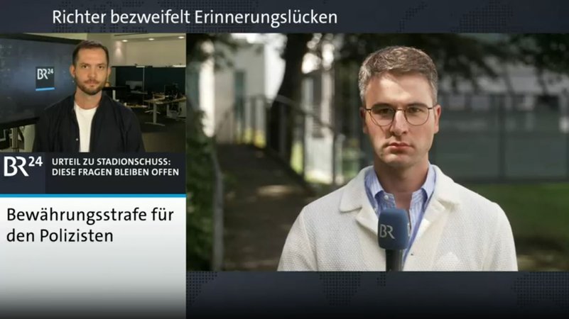 BR-Reporter Andreas Herz (re.) informiert im Gespräch mit Moderator Christian Orth über den Prozess um einen Polizisten, der vor dem Augsburger Stadion geschossen hat. | Bild: Bayerischer Rundfunk 2024 BR-Reporter Andreas Herz (re.) informiert im Gespräch mit Moderator Christian Orth über den Prozess um einen Polizisten, der vor dem Augsburger Stadion geschossen hat.
