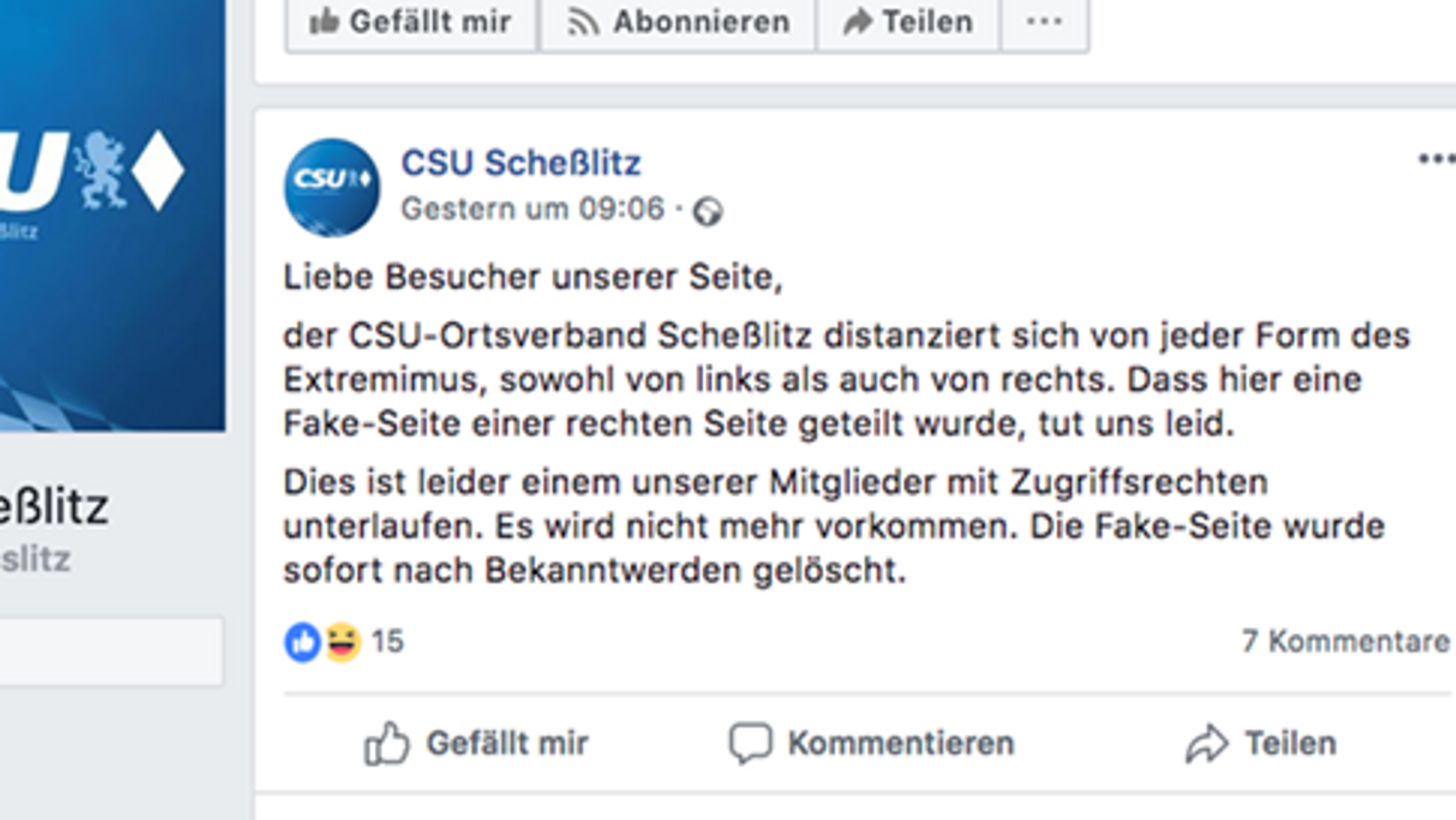 Screenshot: Facebook-Post der CSU Scheßlitz mit der Information und der Entschuldigung