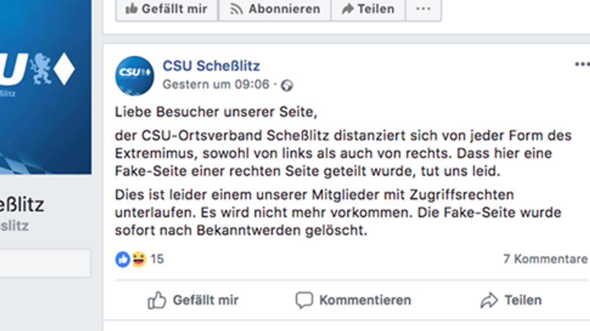 Screenshot: Facebook-Post der CSU Scheßlitz mit der Information und der Entschuldigung