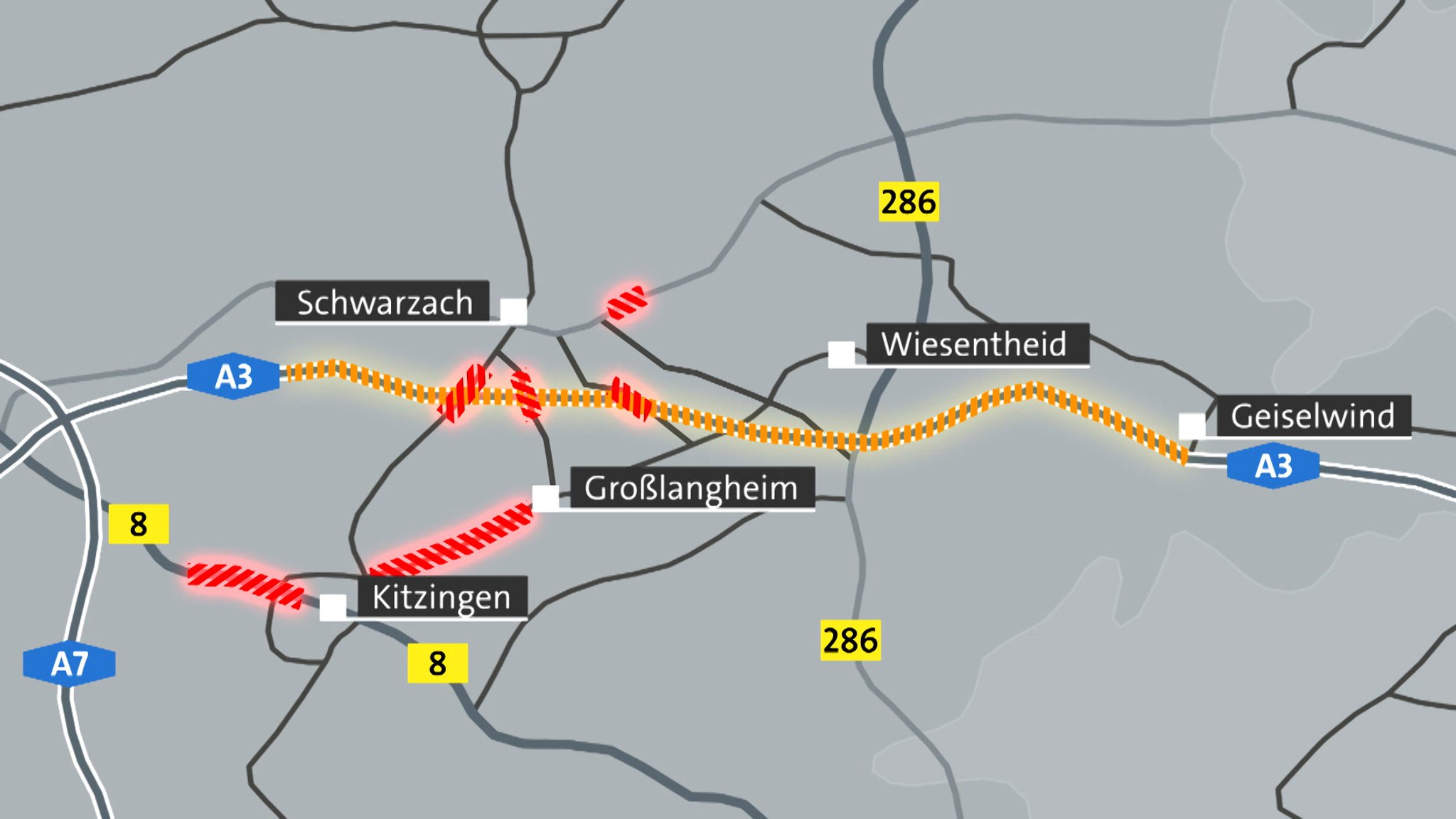 Geplante Sperrungen auf der A3 und der B8 im Landkreis Kitzingen in den nächsten Wochen und Monaten.