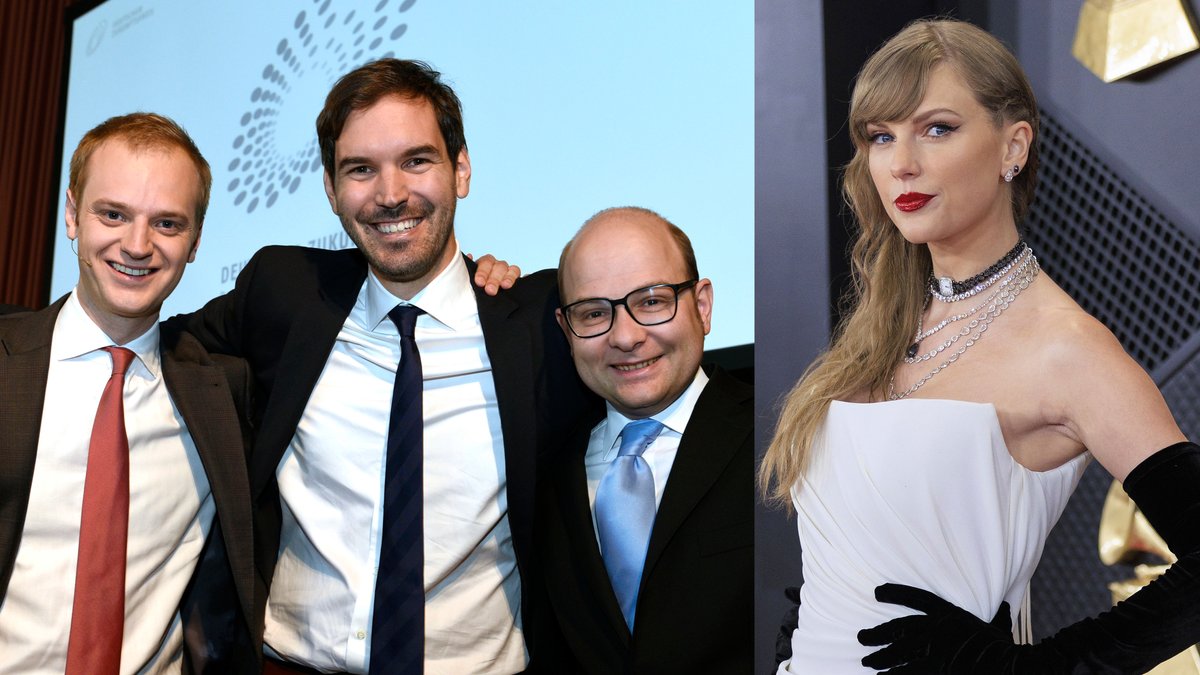 Drei Männer im Anzug und Popstar Taylor Swift im Abendkleid.