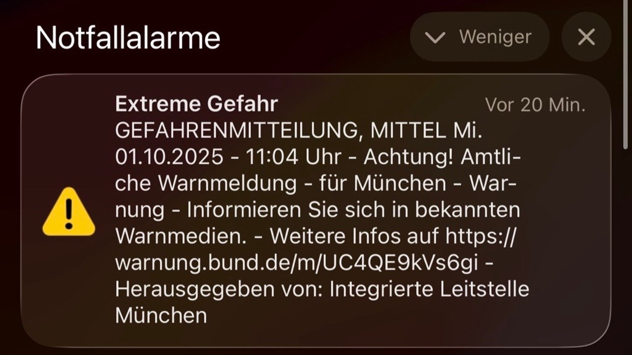 Amtliche Warnmeldung für München