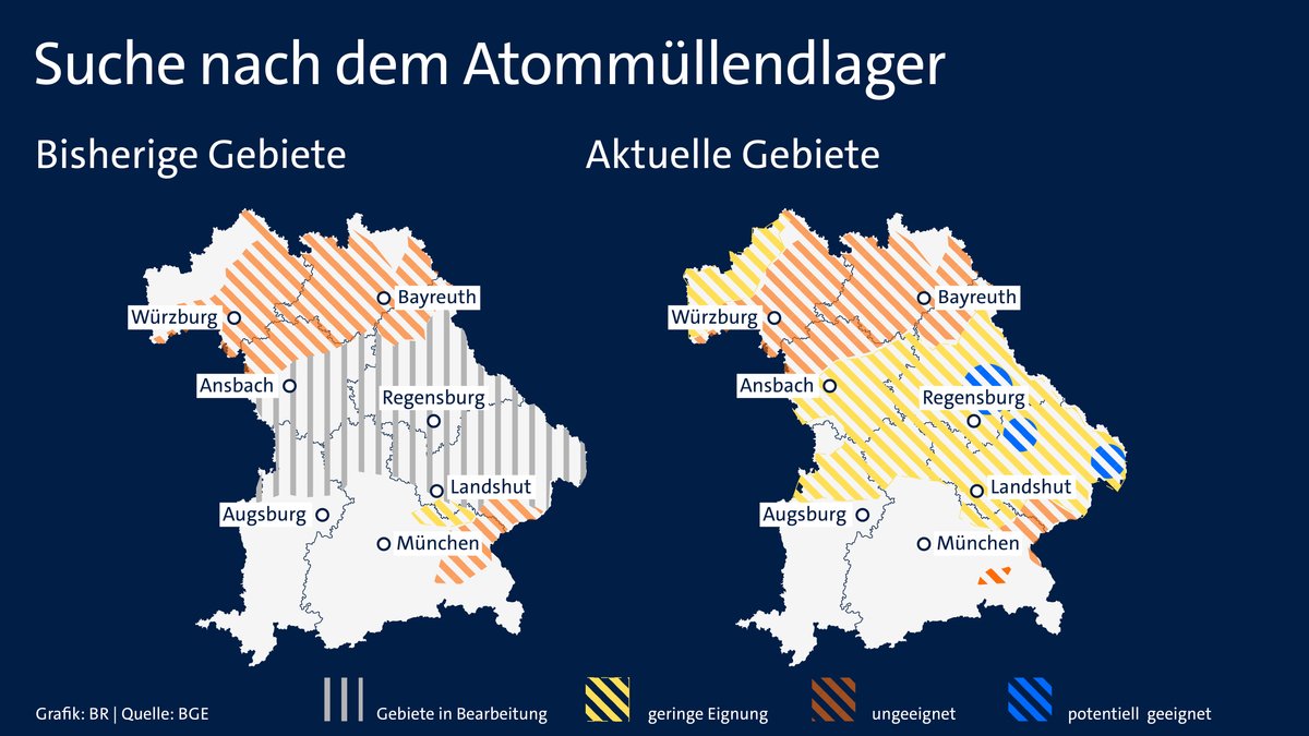 BR-Grafik: Suche nach dem Atommüllendlager. Bisherige und aktuelle Gebiete | Bild: BR BR-Grafik: Suche nach dem Atommüllendlager. Bisherige und aktuelle Gebiete