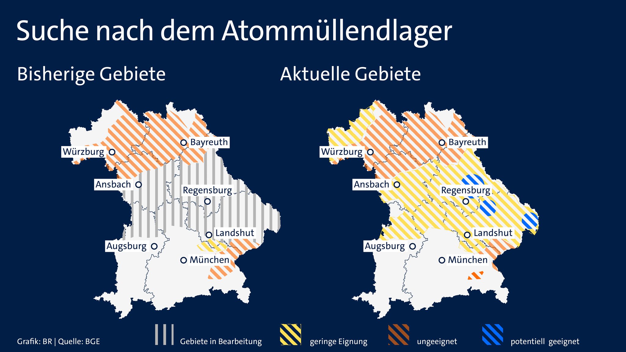 BR-Grafik: Suche nach dem Atommüllendlager. Bisherige und aktuelle Gebiete