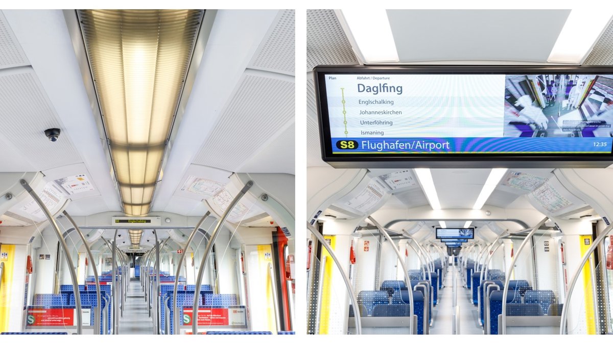 Im linken Bild ein Blick in das Innere einer S-Bahn vor der Modernisierung - rechts in einen neuen Zug - samt Info-Monitoren