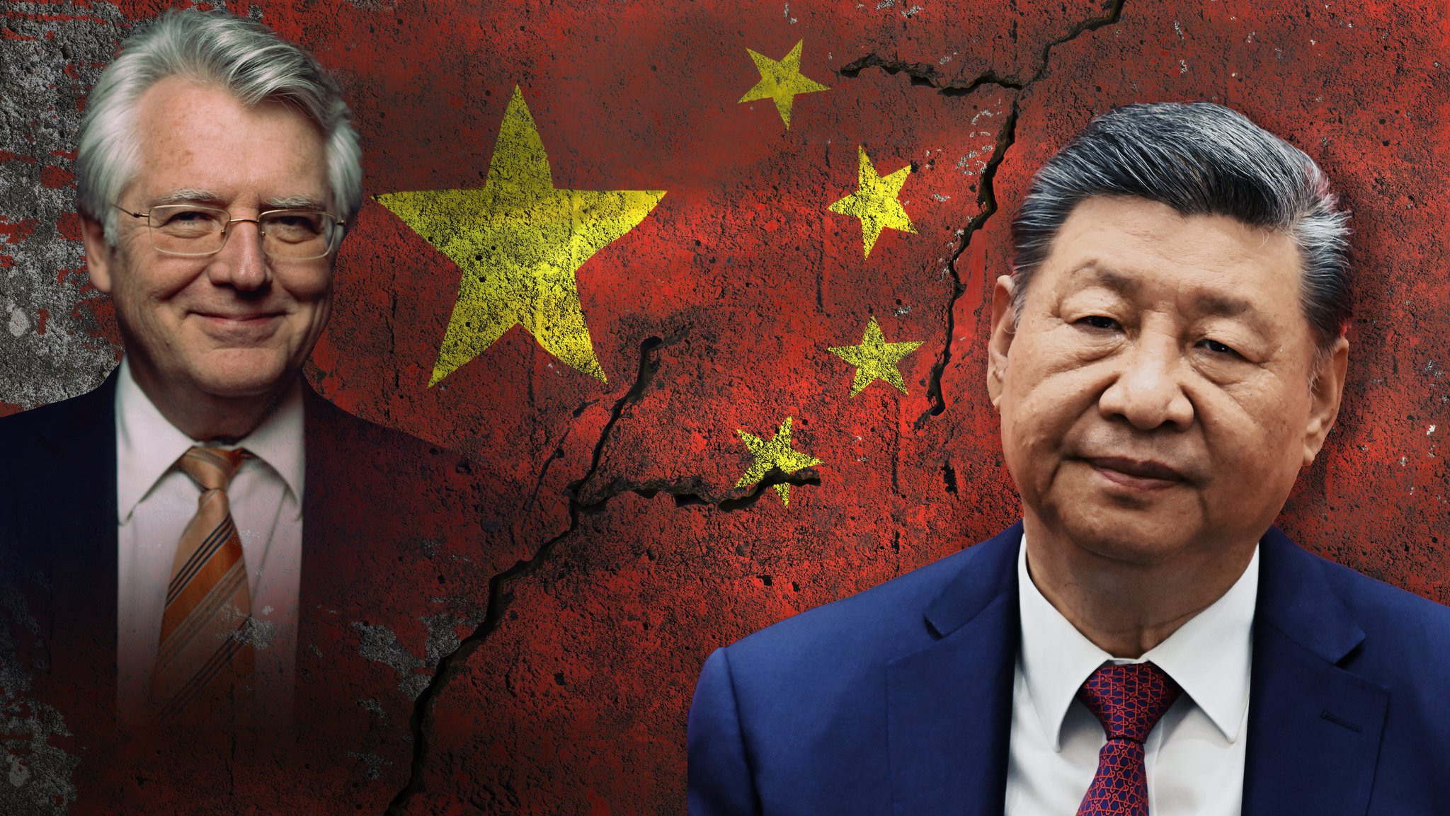 Jörg Wuttke, ehemaliger Präsident der Europäischen Handelskammer in Peking, und Chinas Präsident Xi Jinping im Vordergrund vor einer chinesischen Flagge mit Rissen. | Bild: picture alliance / CHROMORANGE | Mpi, / imageBROKER | Heinz-Dieter Falkenstein, / ASSOCIATED PRESS | Maxim Shemetov, / SZ Photo | Friedrich Bungert; BR Montage Jörg Wuttke, ehemaliger Präsident der Europäischen Handelskammer in Peking, und Chinas Präsident Xi Jinping im Vordergrund vor einer chinesischen Flagge mit Rissen.