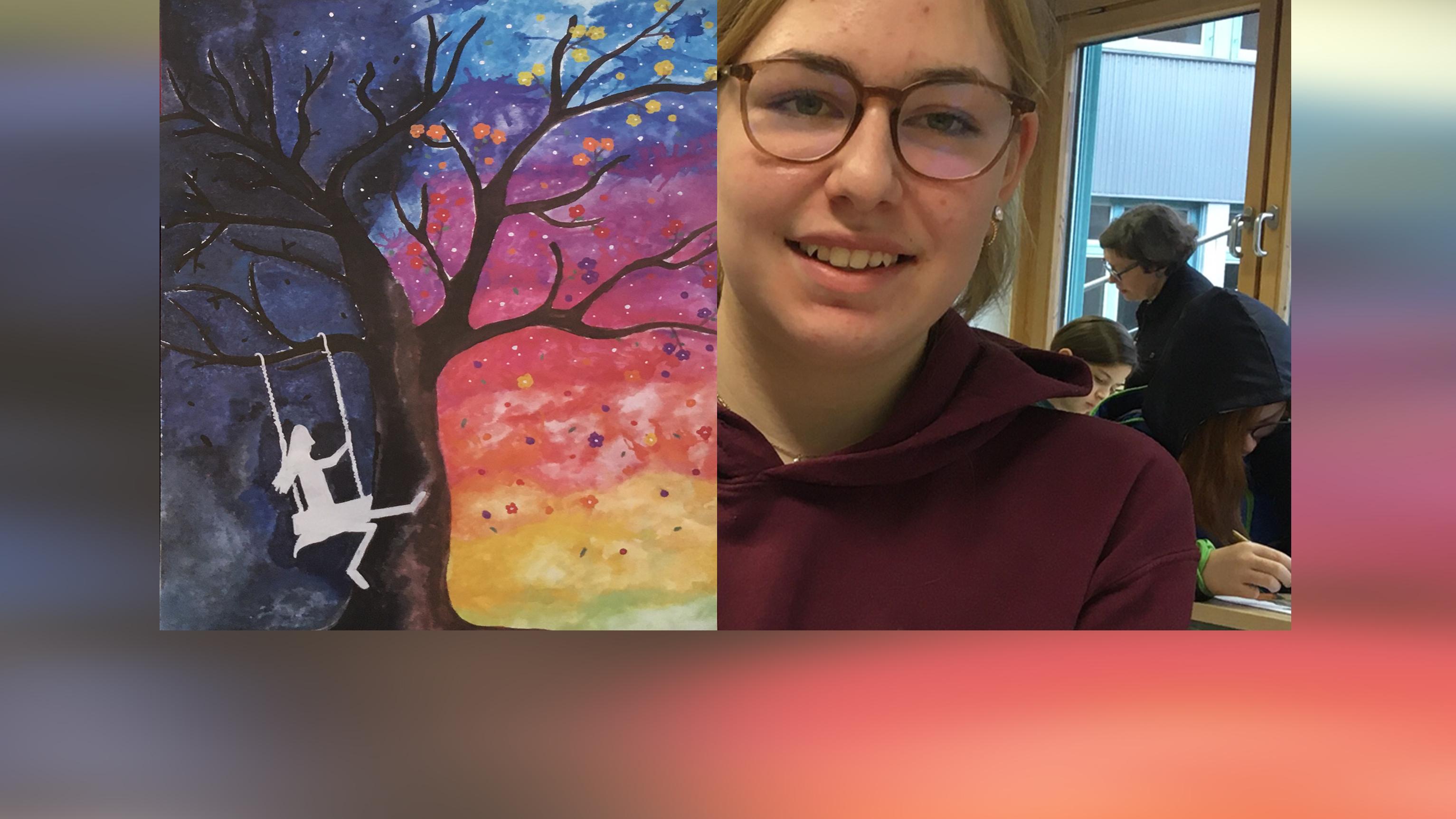 Die Forchheimer Gymnasiastin Sara-Aliena Taut mit ihrem erfolgreichen Entwurf eines Friedensplakats. 