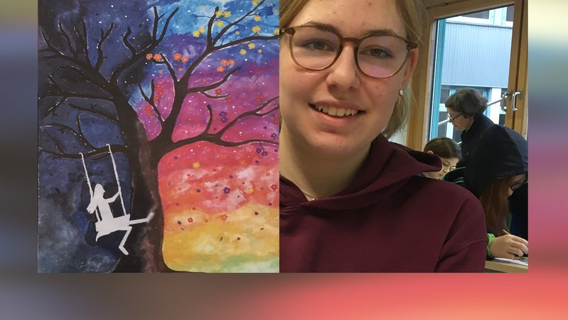 Die Forchheimer Gymnasiastin Sara-Aliena Taut mit ihrem erfolgreichen Entwurf eines Friedensplakats. | Bild: BR Die Forchheimer Gymnasiastin Sara-Aliena Taut mit ihrem erfolgreichen Entwurf eines Friedensplakats.