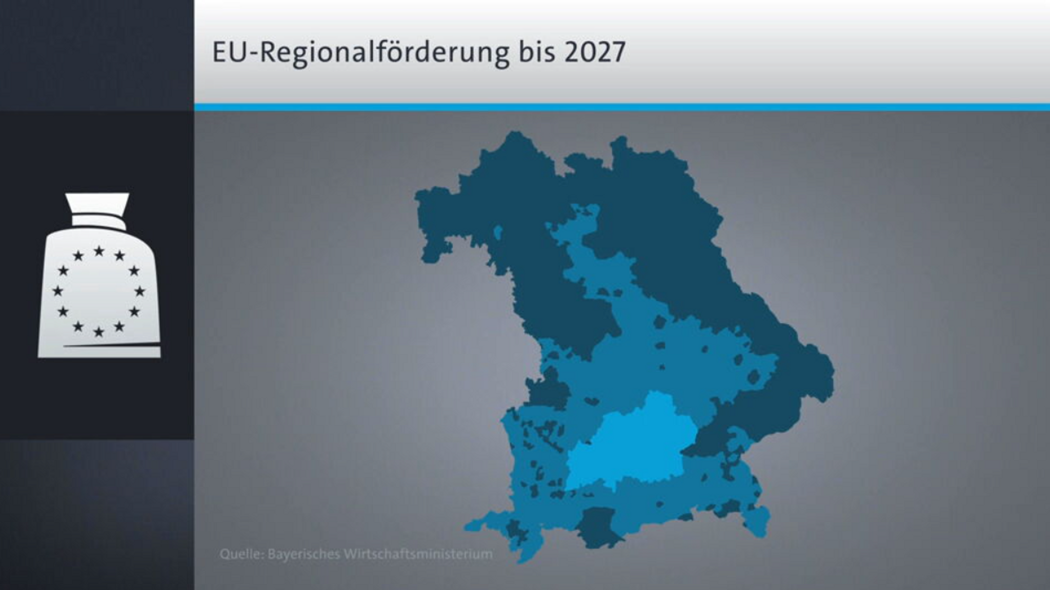 Je dunkler eingefärbt, desto mehr EU-Geld gibt es. Im Raum München fördert die EU Unternehmen nur, wenn es um Klima- und Umweltschutz geht.