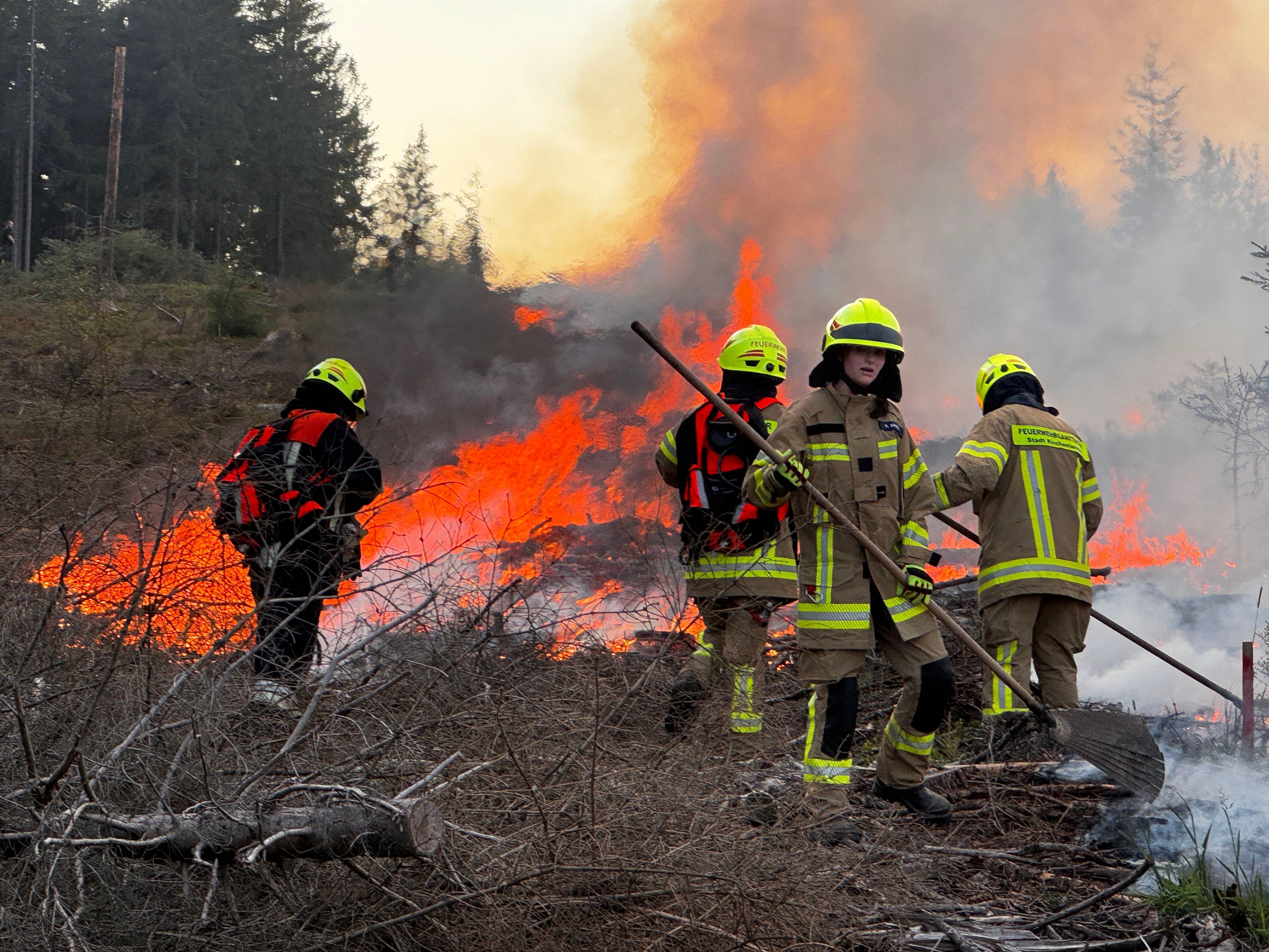 Einsatzkräfte der Feuerwehr stehen in einem brennenden Wald.