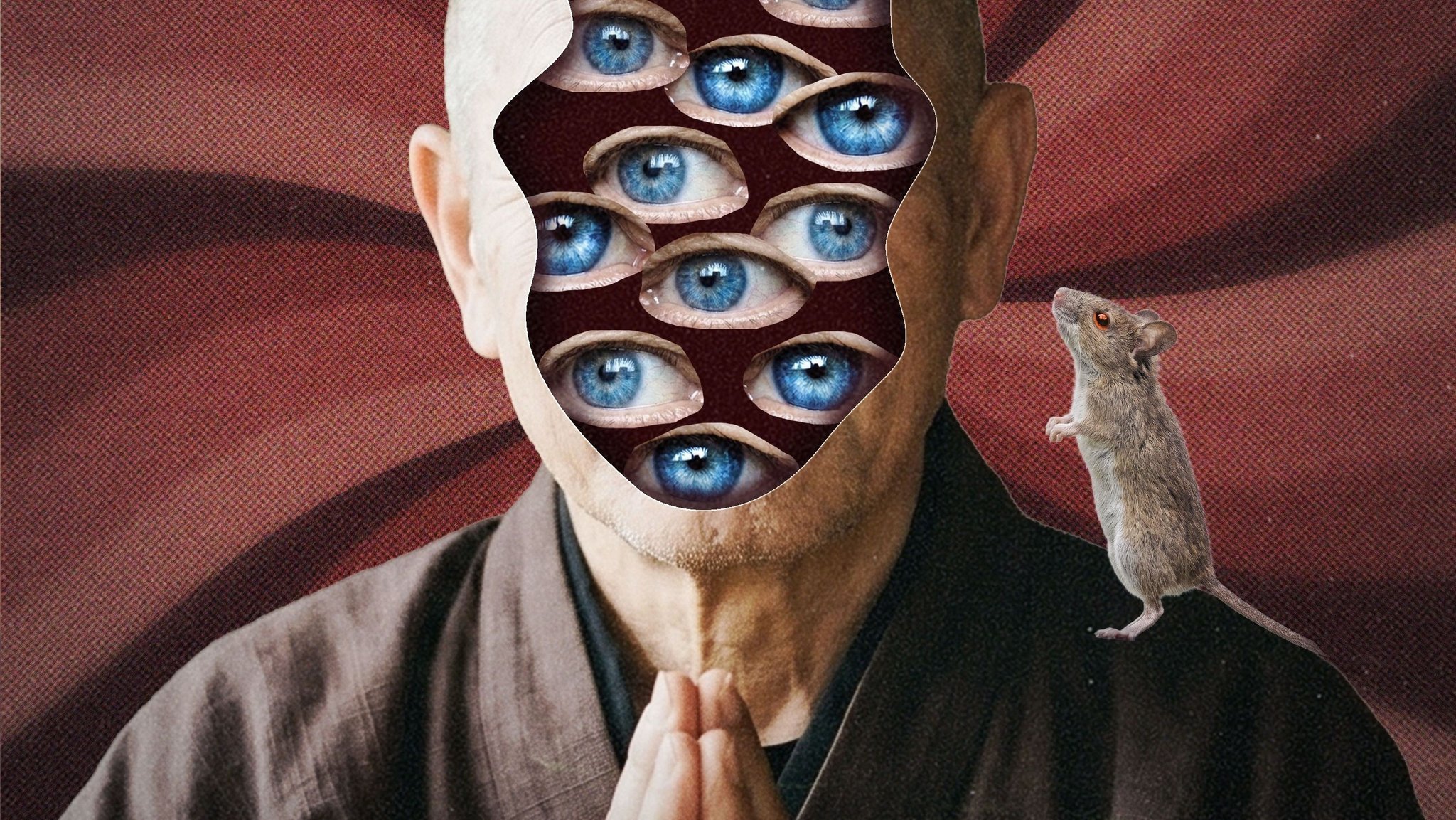 Zen-Meister betend mit Augen im ausgefüllten Kopf. Mit Maus auf Schulter. | Bild: Montage: BR/Lena Wöbcke Zen-Meister betend mit Augen im ausgefüllten Kopf. Mit Maus auf Schulter.