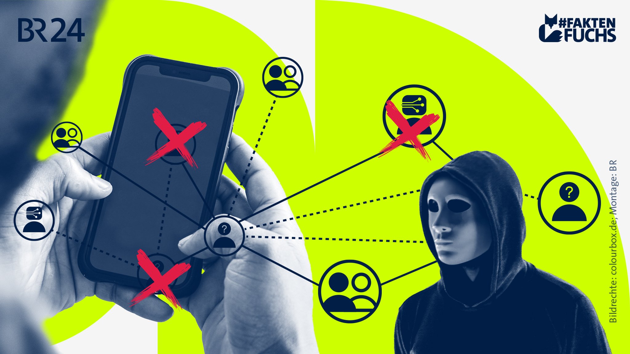Ein Smartphone in Nahaufnahme, ein maskierter Mann und mehrere Account-Symbole, die ein Netz bilden.