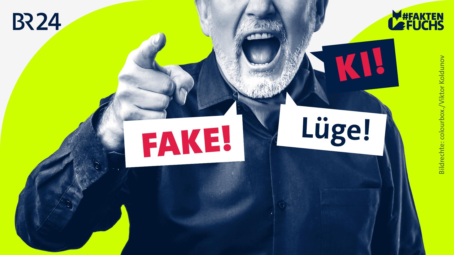 (Symbolbild) Fotocollage: Ein wütender Mann, neben ihm Sprechblasen mit "KI!", "Lüge!" und "Fake!".