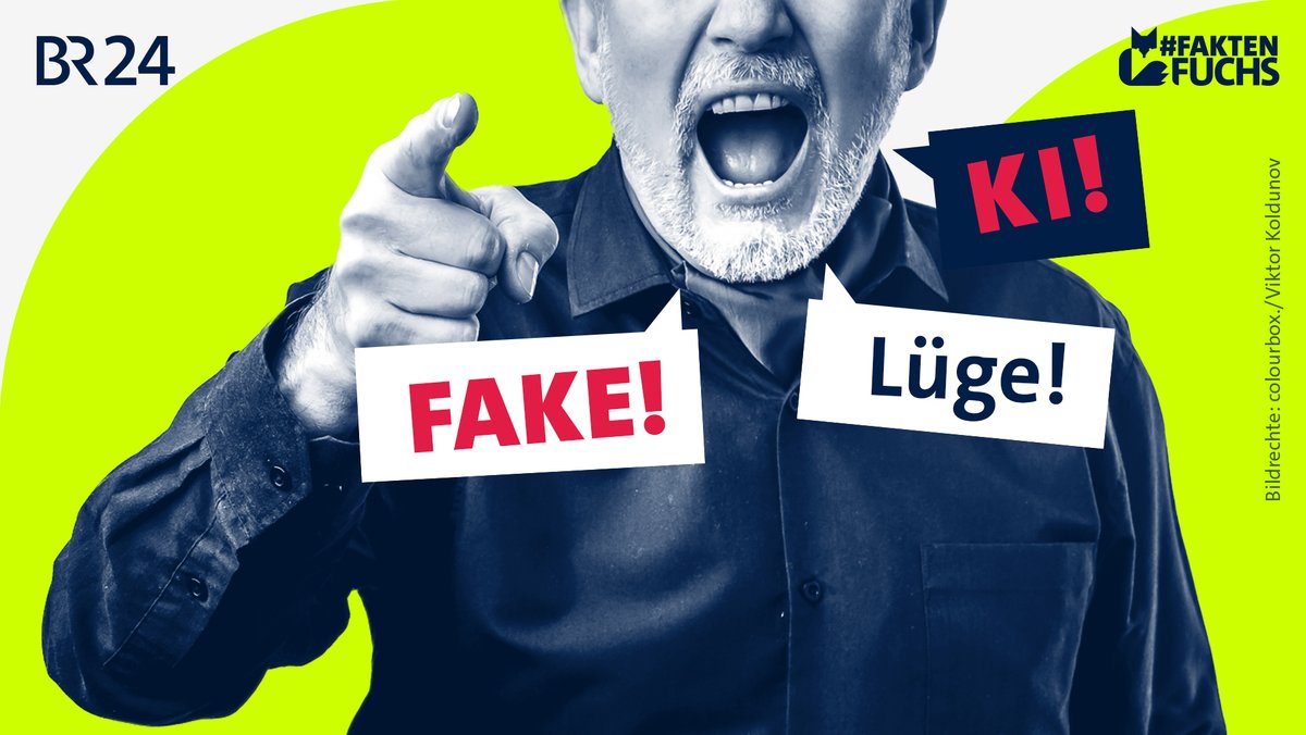 (Symbolbild) Fotocollage: Ein wütender Mann, neben ihm Sprechblasen mit "KI!", "Lüge!" und "Fake!". | Bild: BR Grafik / Colourbox / Viktor Koldunov (Symbolbild) Fotocollage: Ein wütender Mann, neben ihm Sprechblasen mit "KI!", "Lüge!" und "Fake!".