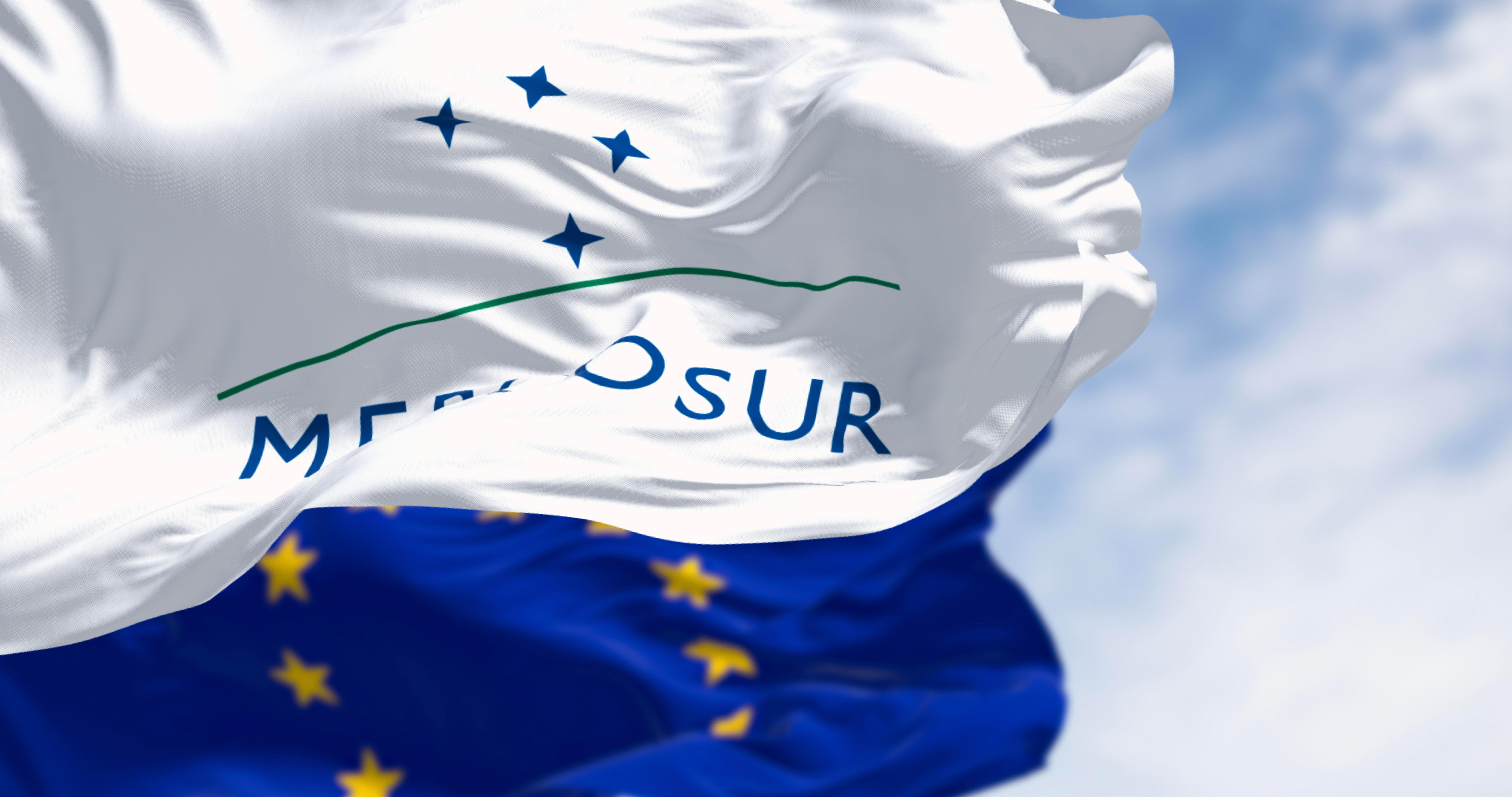 Flaggen von Mercosur und der Europäischen Union im Wind