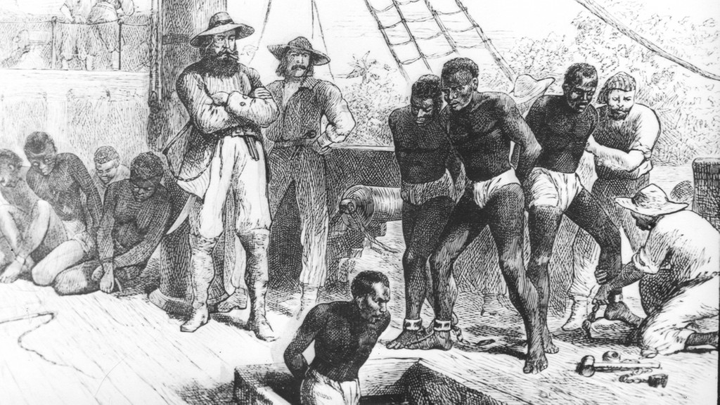 Zeichnung von gefesselten Sklaven auf einem Schiff