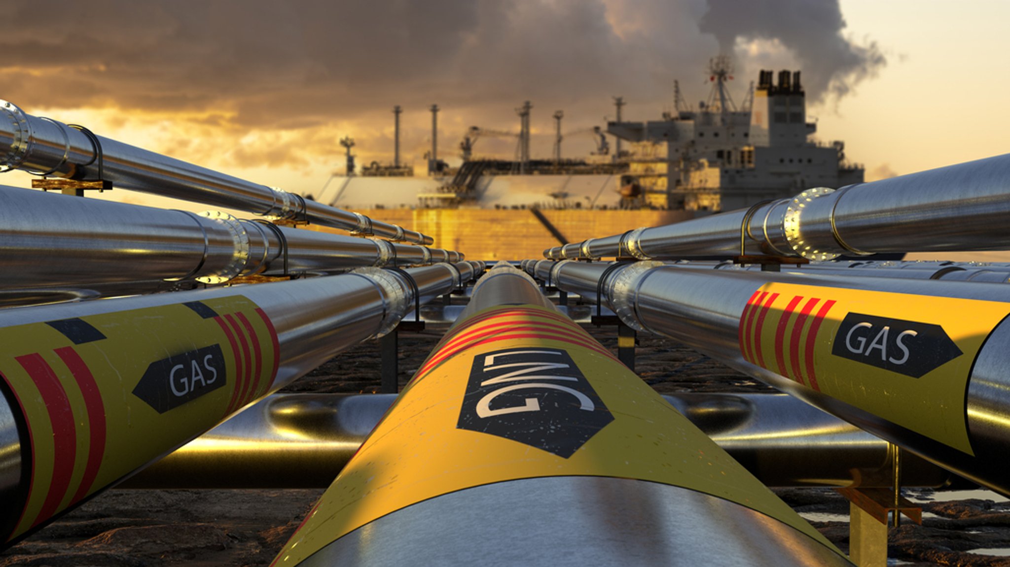 Pipelines führen zu einem LNG-Terminal und einem LNG-Tanker.