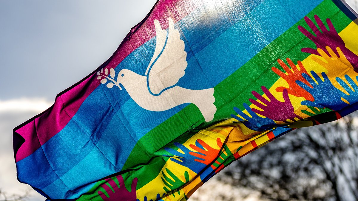 Eine weiße Friedenstaube auf einer Regenbogenfahne.
