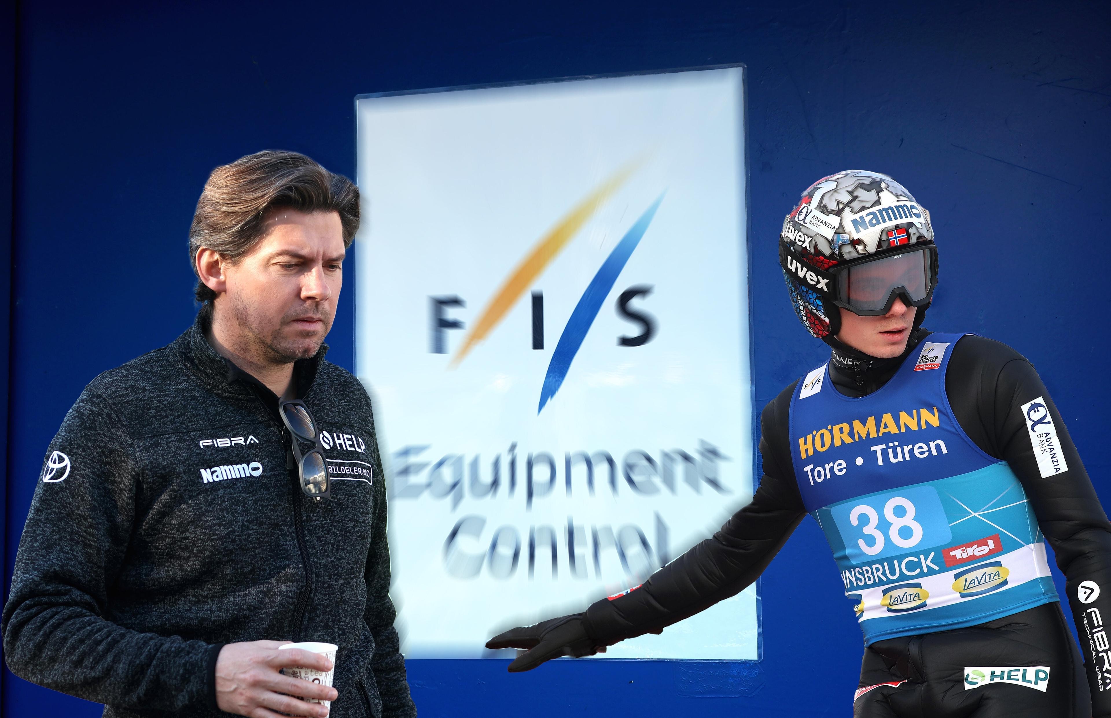 Norwegens ehemaliger Trainer Magnus Bervig (li.) und der Skispringer Marius Lindvik vor FIS-Materialkontrolle