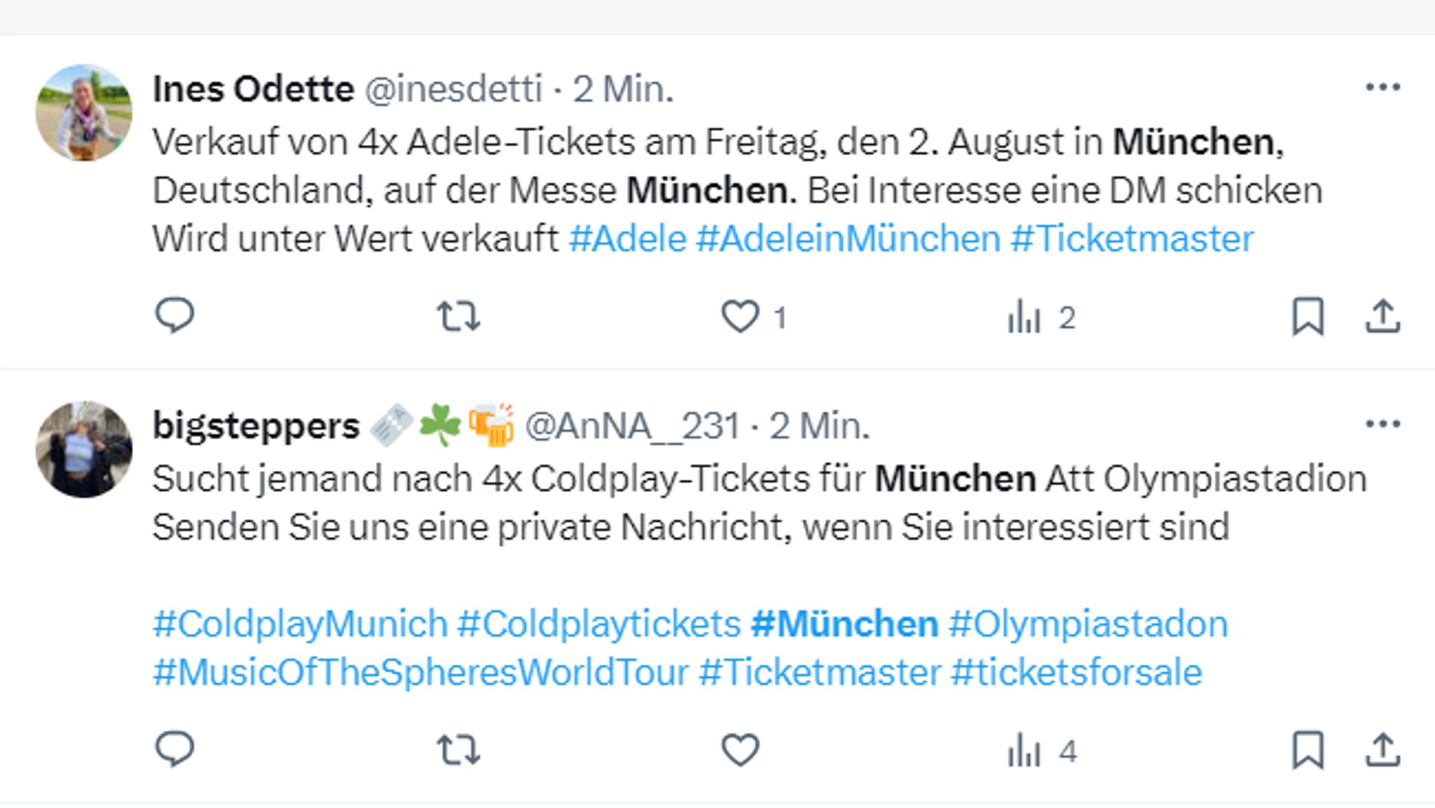 Screenshot zweier X-Kommentare angeblicher Ticket-Weiterverkäufer