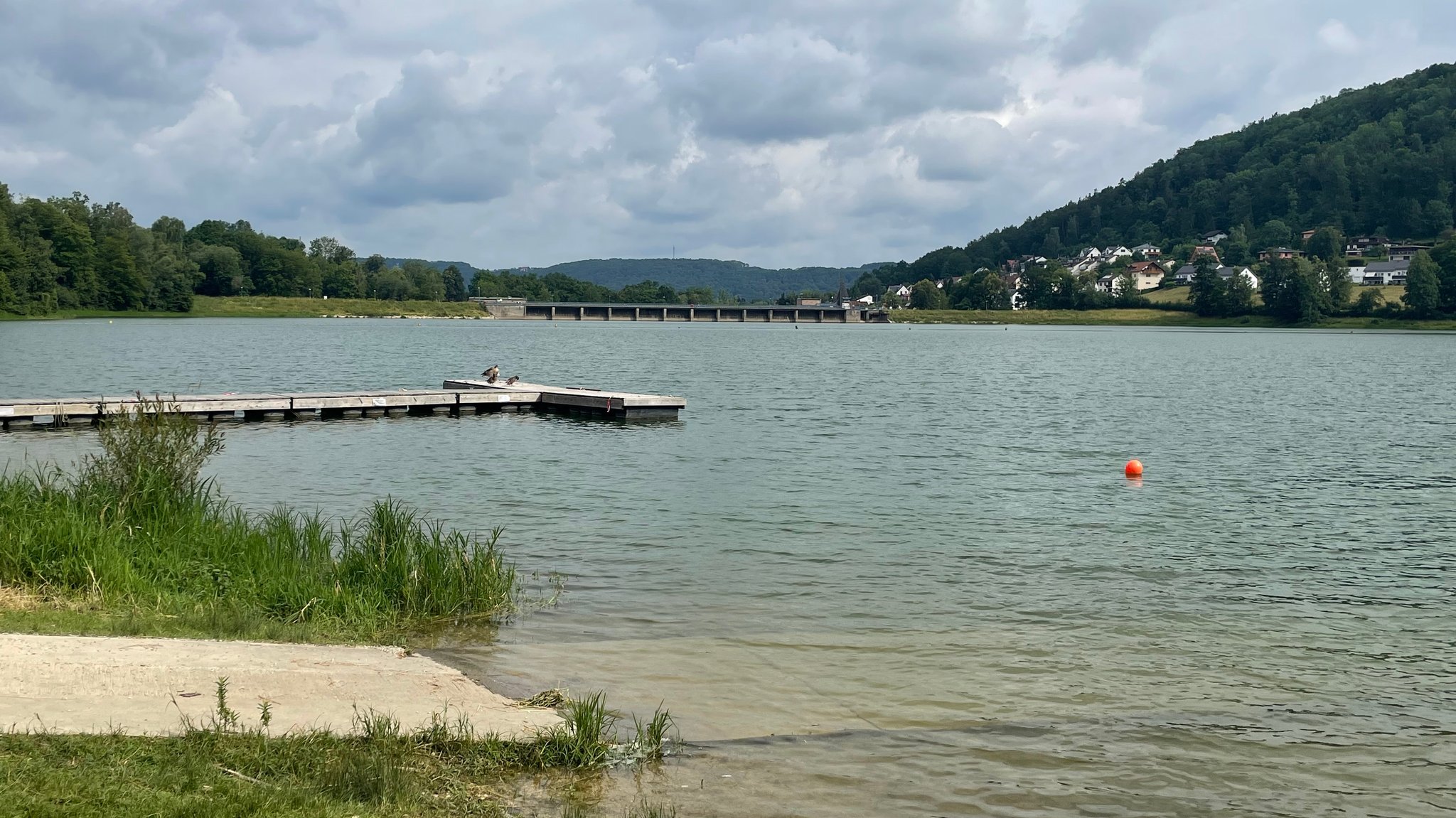 Ein Steg am Happurger Stausee, im Hintergrund das Pumpspeicherkraftwerk.