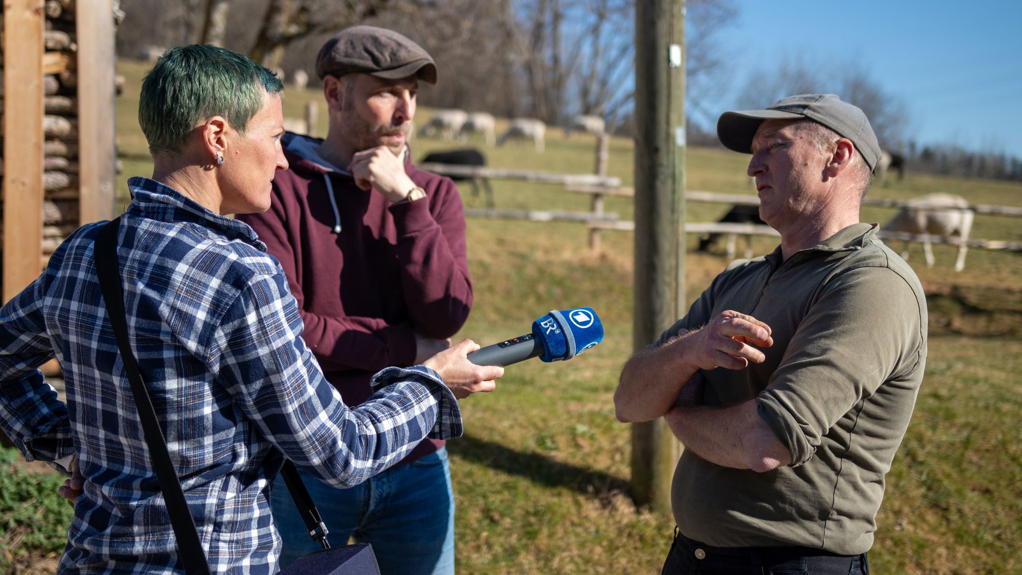 BR-Reporterin Doris Bimmer, Daniel Ziegler und Landwirt Peter Mangold (v.l.)