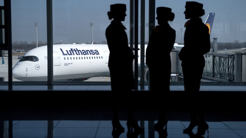 Flugbegleiterinnen der Deutschen Lufthansa AG stehen am Flughafen in München, im HIntergrund ein Lufthansa-Flugzeug | Bild: dpa-Bildfunk/Sven Hoppe Flugbegleiterinnen der Deutschen Lufthansa AG stehen am Flughafen in München, im HIntergrund ein Lufthansa-Flugzeug