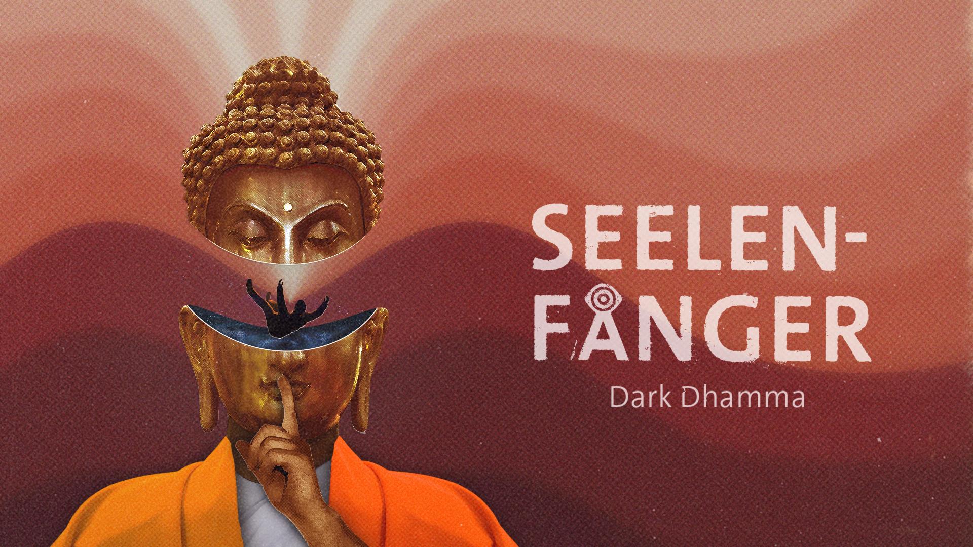 Das Cover des Podcasts "Seelenfänger – Dark Dhamma": Eine Buddhastatue mit einem Finger vor dem Mund