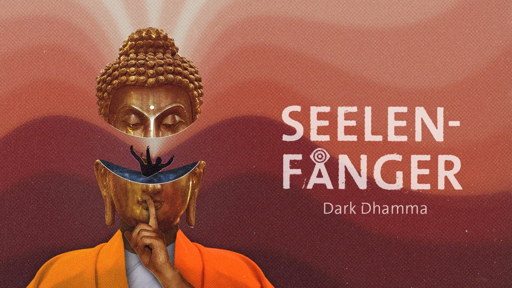 Das Cover des Podcasts "Seelenfänger – Dark Dhamma": Eine Buddhastatue mit einem Finger vor dem Mund