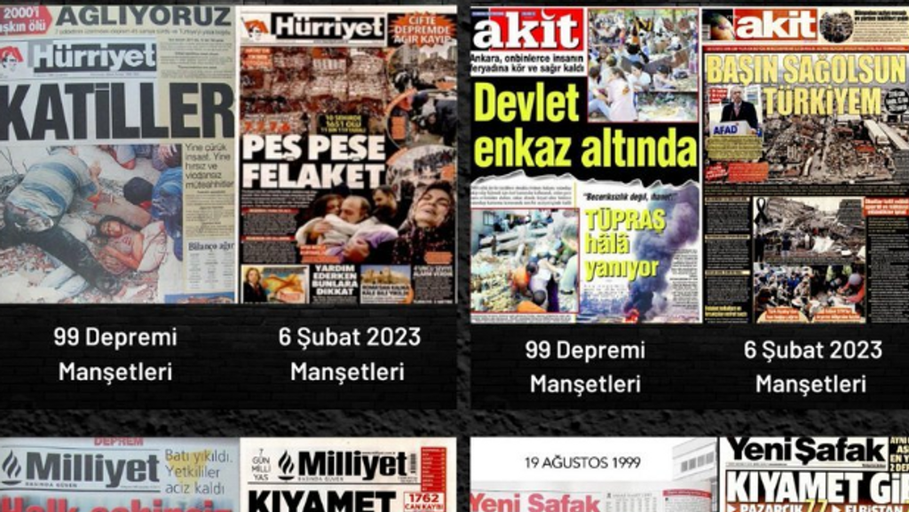 Unterschiedliche Überschriften türkischer Zeitungen nach dem Erdbeben 1999 und nach dem jüngsten Erdbeben. 