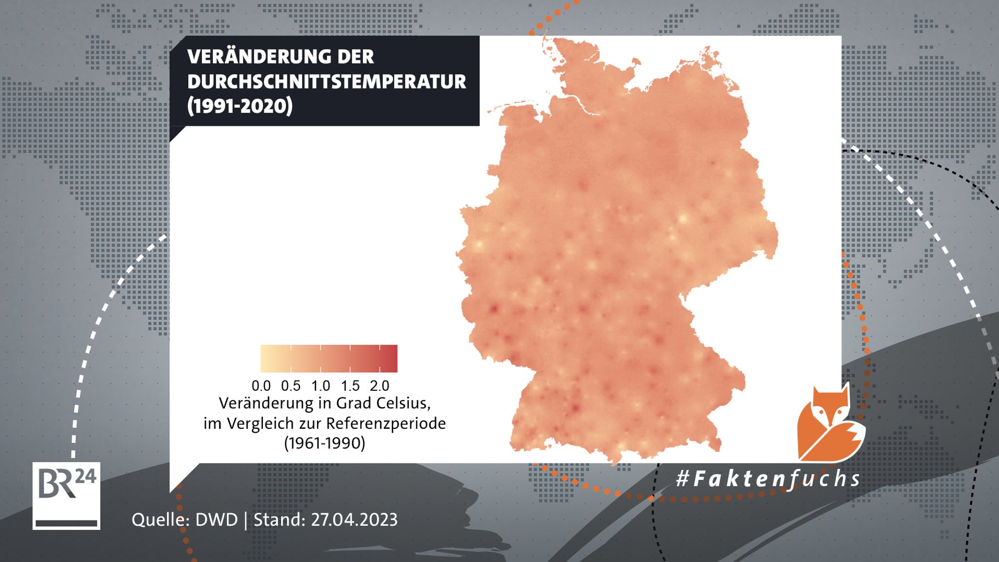 Deutschlandkarte: Veränderung der Durchschnittstemperatur (1991-2020) im Vergleich zur klimatologischen Referenzperiode 1961-2020. Deutschland erwärmt sich gleichmäßig.