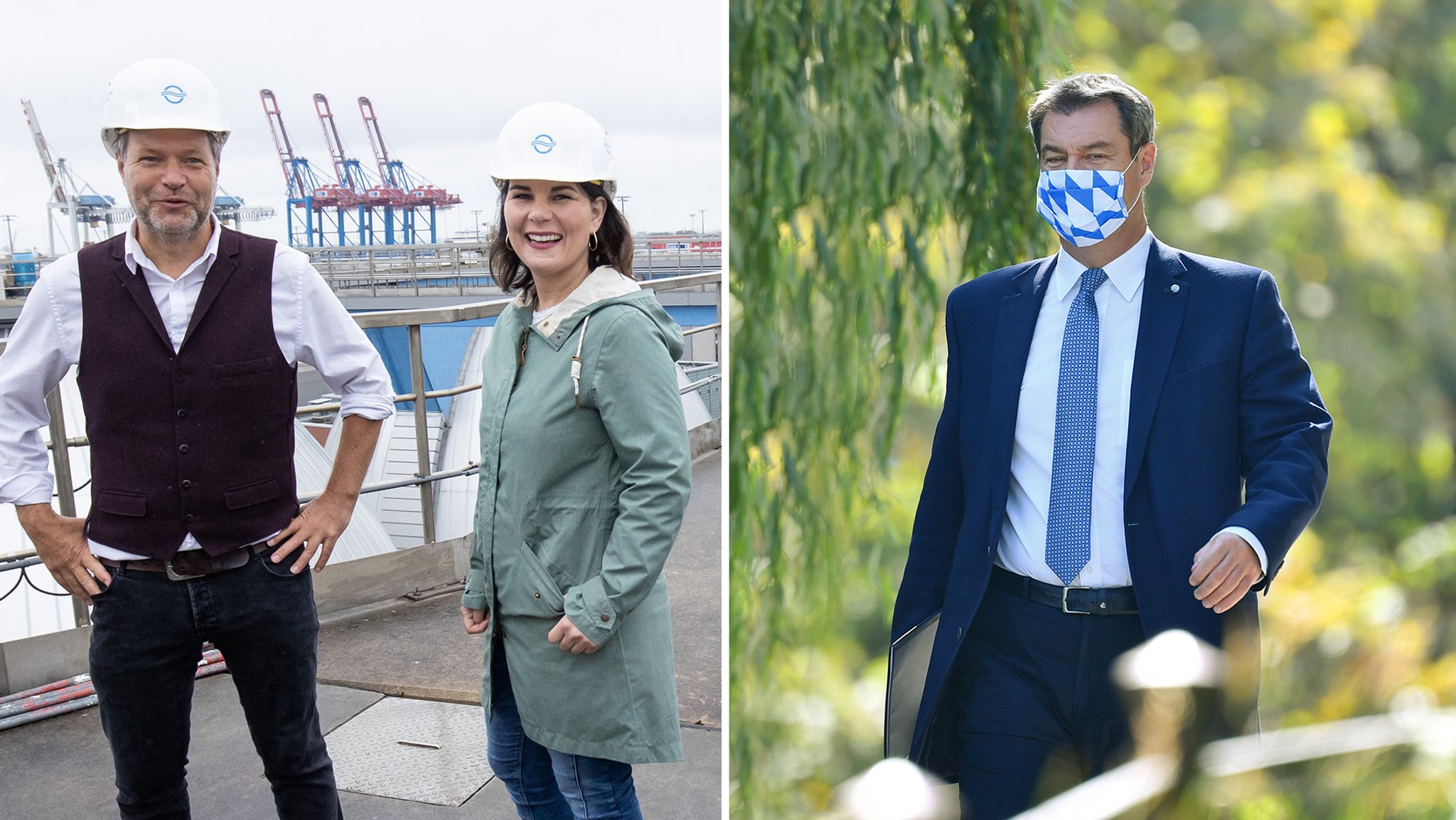 Die Grünen-Chefs Robert Habeck und Annalena Baerbock (l.) am 09.07.20, Bayerns Ministerpräsident und CSU-Chef Markus Söder (r.) am 14.09.20.