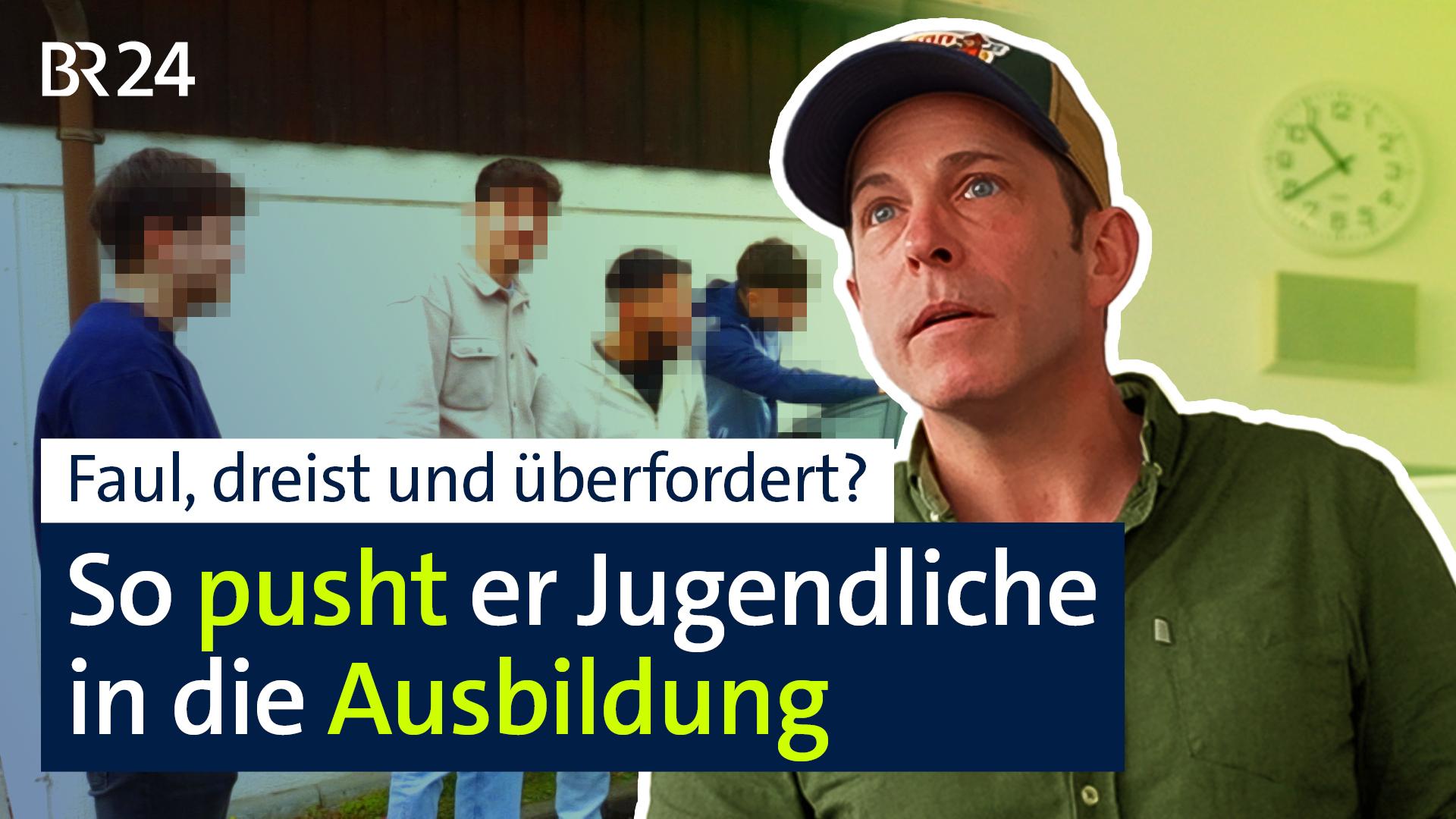 Bildcollage: Im Vordergrund Ausbildungsakquisiteur Florian Wagner, im Hintergrund eine Gruppe Jugendlicher. 