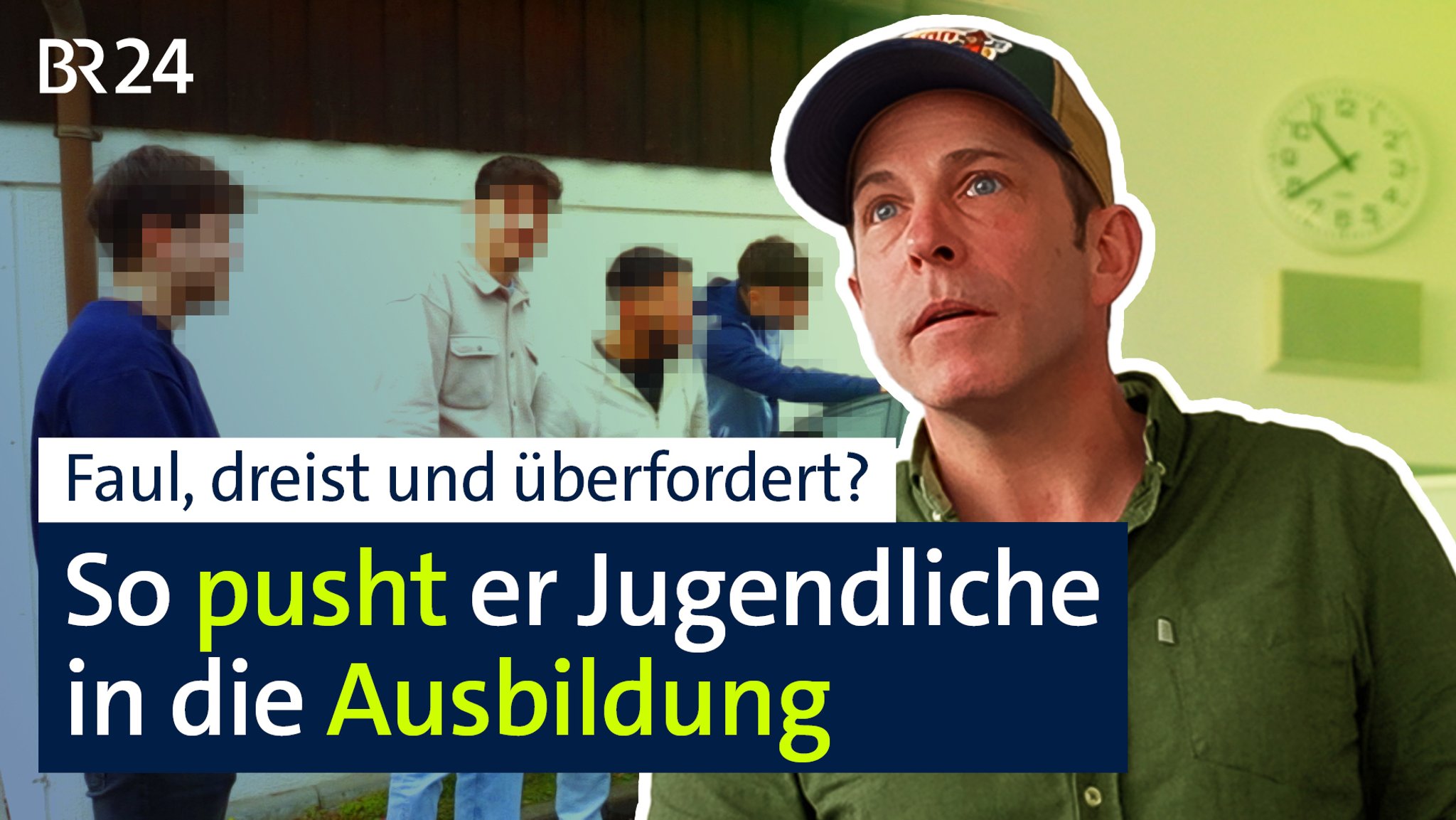 Bildcollage: Im Vordergrund Ausbildungsakquisiteur Florian Wagner, im Hintergrund eine Gruppe Jugendlicher. 