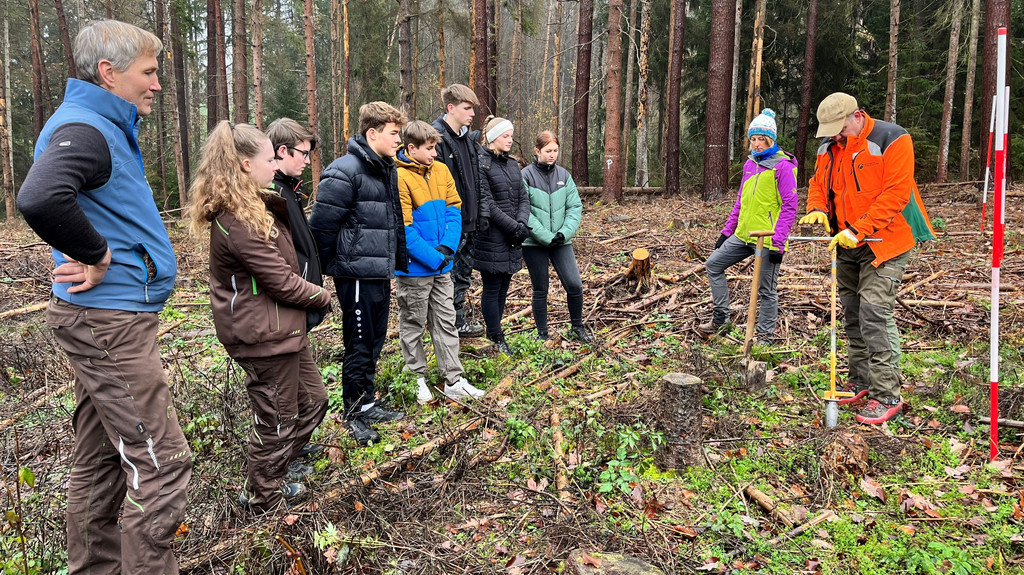 Mehrere Schüler und Forstmitarbeiter im Wald. 