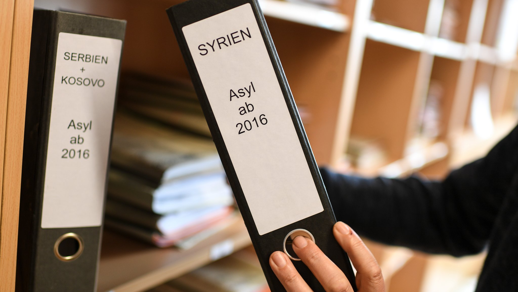 Eine Person nimmt einen Ordner aus dem Regal. Darauf steht "Syrien - Asyl ab 2016" | Bild: picture alliance / Felix Kästle/dpa Eine Person nimmt einen Ordner aus dem Regal. Darauf steht "Syrien - Asyl ab 2016"