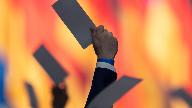 Die Abgeordneten halten auf dem Bundesparteitag der AfD während einer Abstimmung eine Stimmkarte. | Bild: dpa-Bildfunk/Sebastian Kahnert Die Abgeordneten halten auf dem Bundesparteitag der AfD während einer Abstimmung eine Stimmkarte.
