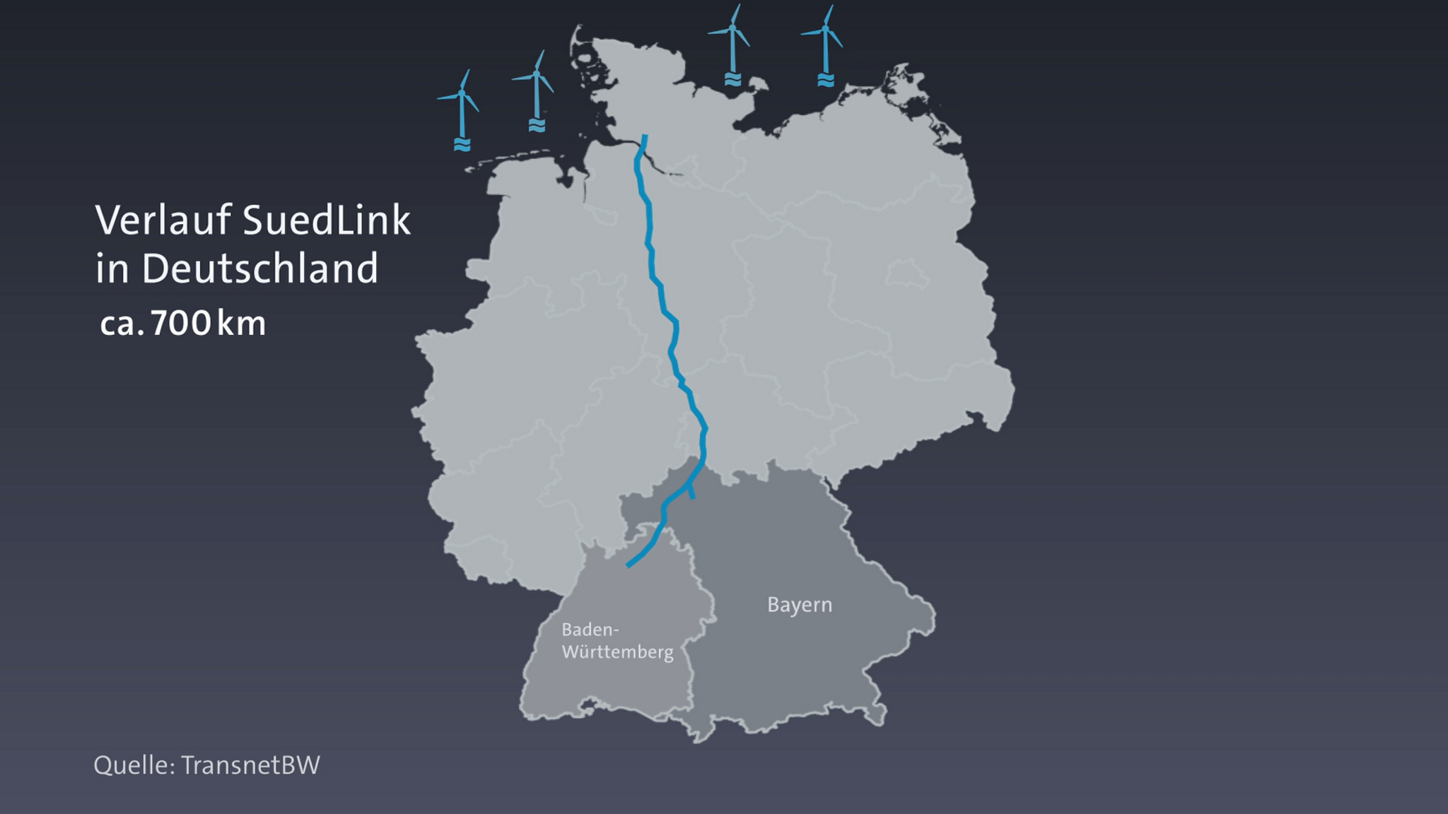 Karte zeigt Verlauf Suedlink in Deutschland