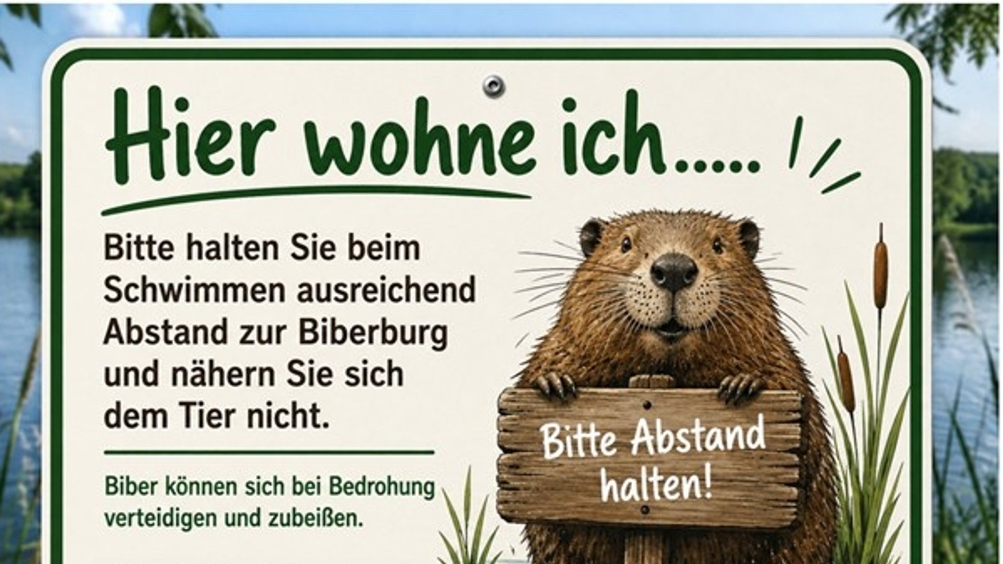 Hinweisschild für Badegäste: Von Biber und Biberburgen fernhalten.