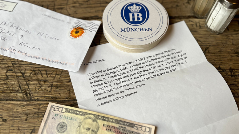 Brief des reuigen Amerikaners - mit beigelegtem 50-Dollar-Schein. | Bild:Hofbräuhaus