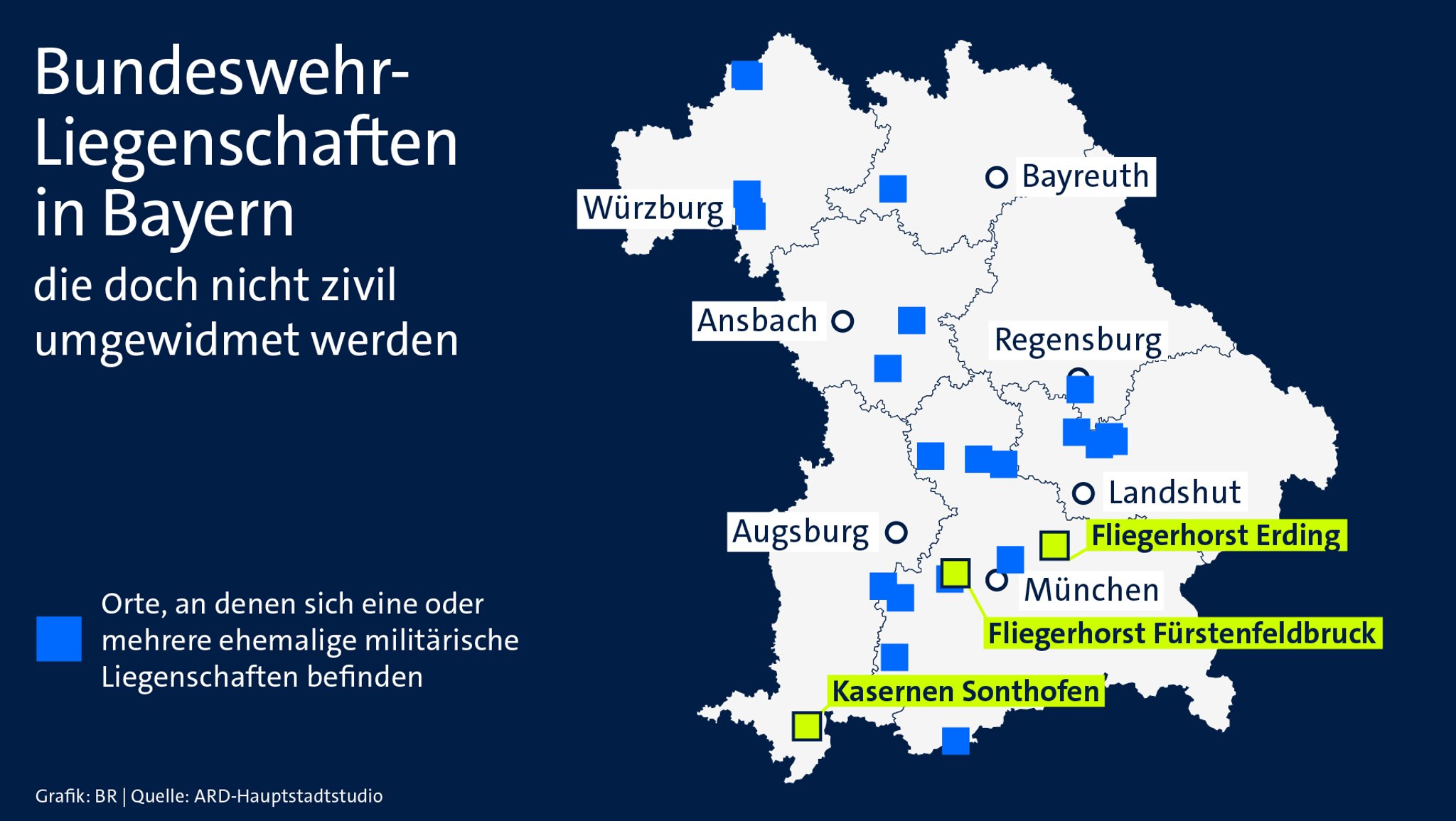 Grafik: Bundeswehr-Liegenschaften in Bayern | Bild: BR  Grafik: Bundeswehr-Liegenschaften in Bayern