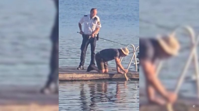 Polizist auf Steg im Brombachsee | Bild: BR Polizist auf Steg im Brombachsee