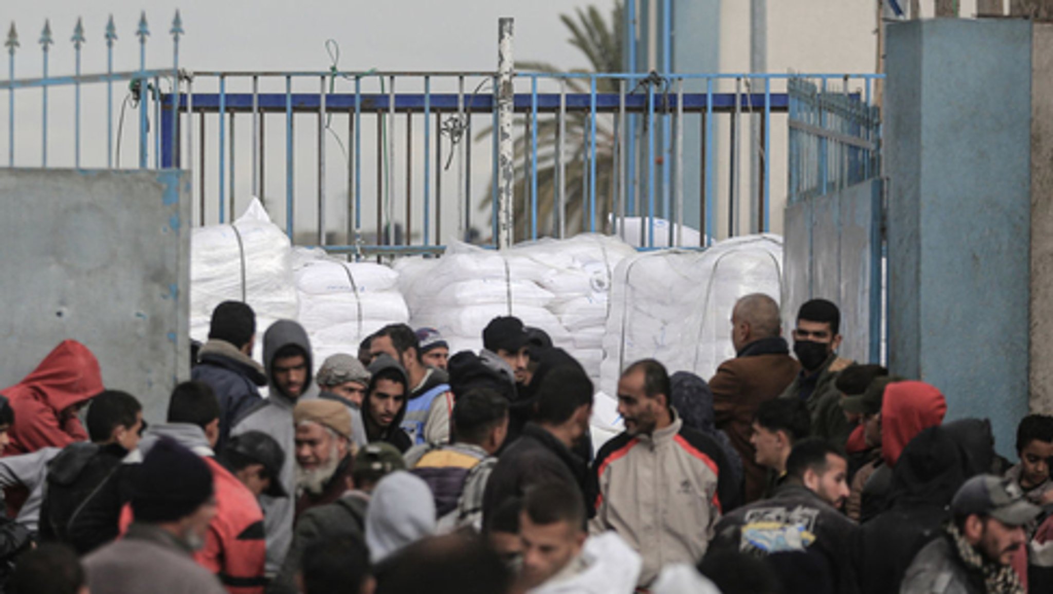 Vor dem Lager der UNRWA erhalten vertriebene Einwohner in Rafah, im Süden des Gaza-Streifens, Lebensmittel