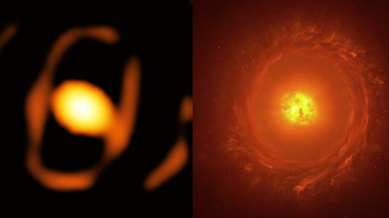 Die Nahaufnahme des Sterns WOH G64 wurde mit Hilfe des Instruments GRAVITY am Very Large Telescope der Europäischen Südsternwarte in Chile gemacht. Es zeigt einen hellen, eiförmigen Staubkokon, in dem der Stern verborgen ist. | Bild: ESO/K. Ohnaka et al., L. Calçada Die Nahaufnahme des Sterns WOH G64 wurde mit Hilfe des Instruments GRAVITY am Very Large Telescope der Europäischen Südsternwarte in Chile gemacht. Es zeigt einen hellen, eiförmigen Staubkokon, in dem der Stern verborgen ist.