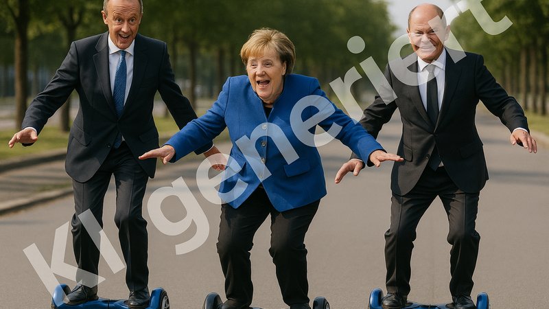 Mit einem simplen Prompt generiert: Friedrich Merz, Angela Merkel und Olaf Scholz auf Hoverboards – fotorealistisch inszeniert von ChatGPT. | Bild: BR/OpenAI Mit einem simplen Prompt generiert: Friedrich Merz, Angela Merkel und Olaf Scholz auf Hoverboards – fotorealistisch inszeniert von ChatGPT.