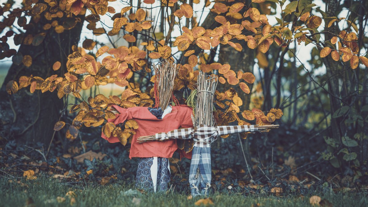 Due bambole di paglia in piedi davanti a un albero.