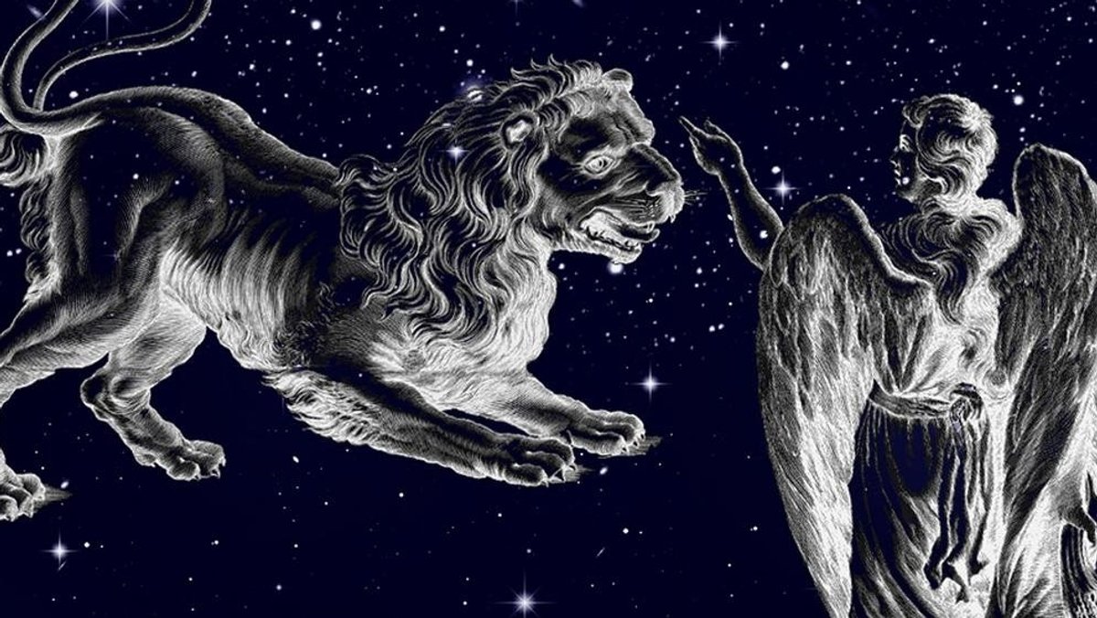 Symbolbilder der Sternbilder Löwe und Jungfrau vor dem Sternenhimmel
