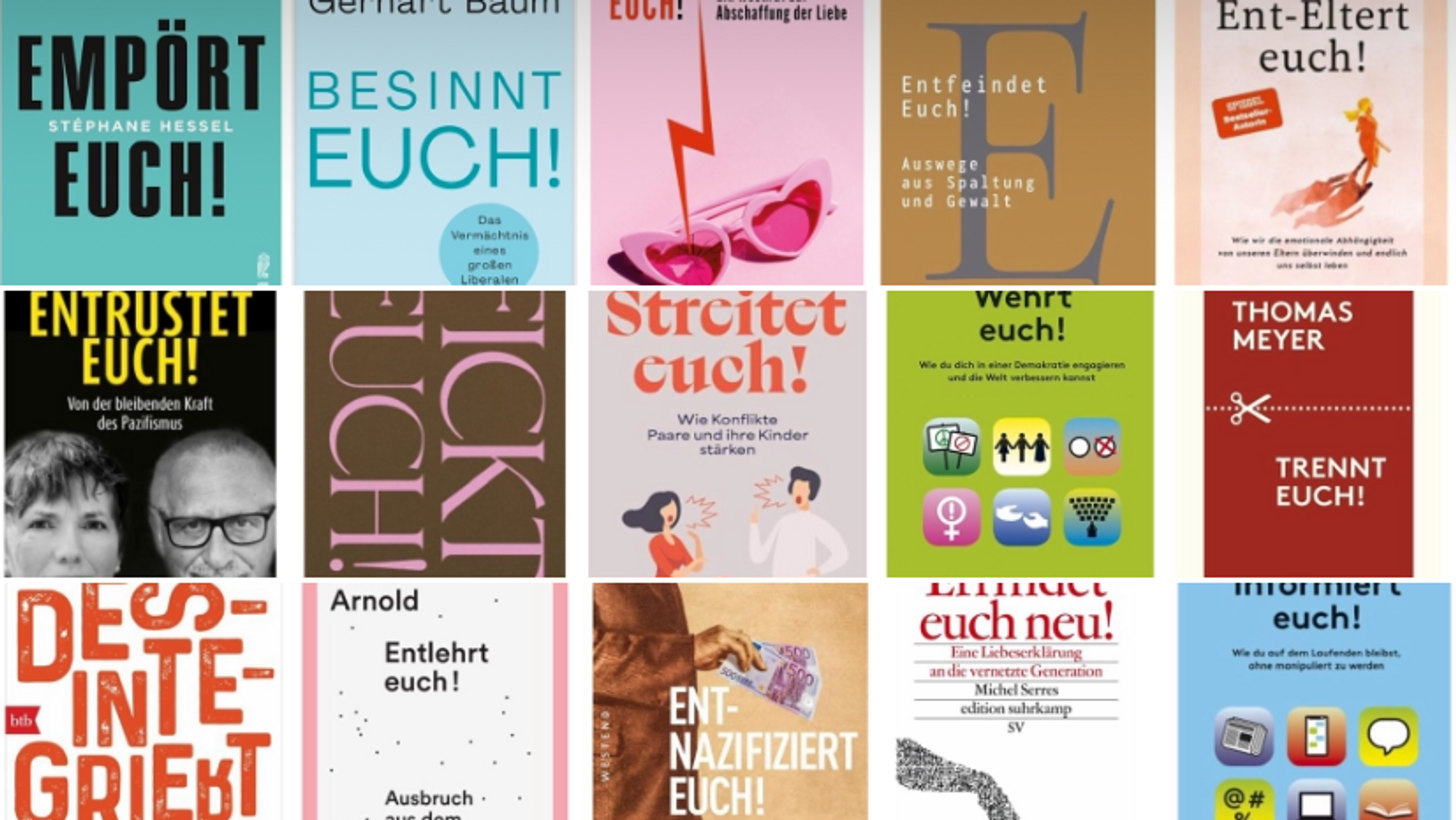 Zwölf verschiedene Buchcover sind in einer Collage zusammengestellt. Sie alle haben einen Appell-Titel. | Bild: BR Zwölf verschiedene Buchcover sind in einer Collage zusammengestellt. Sie alle haben einen Appell-Titel.