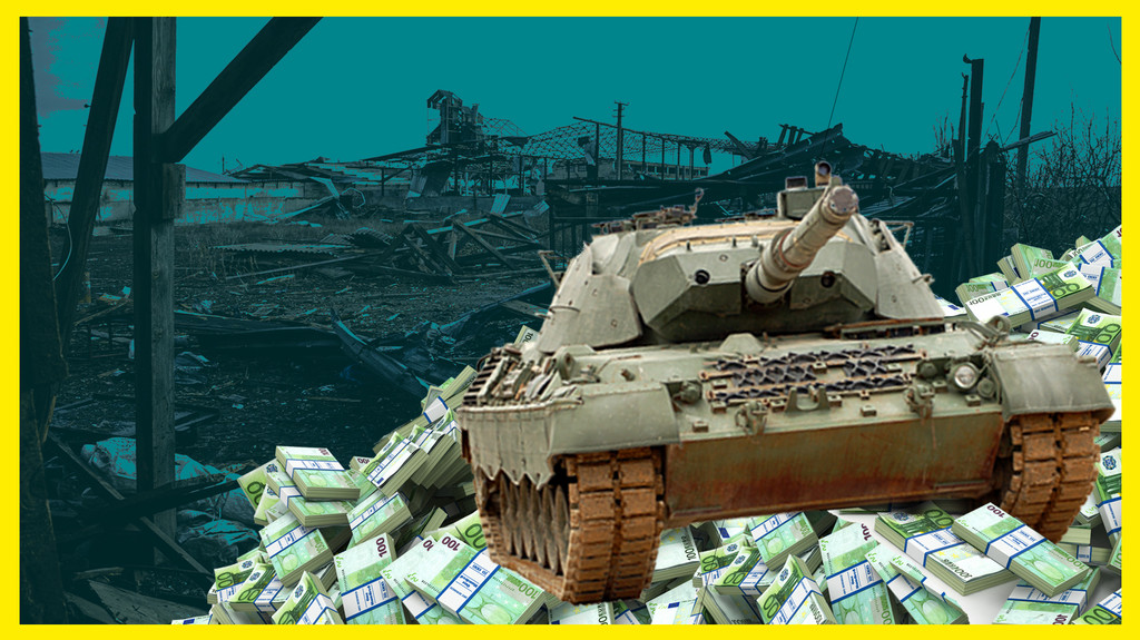 Eine grafische Collage: Ein Panzer fährt über einen großen Haufen 100-Euro-Scheine.