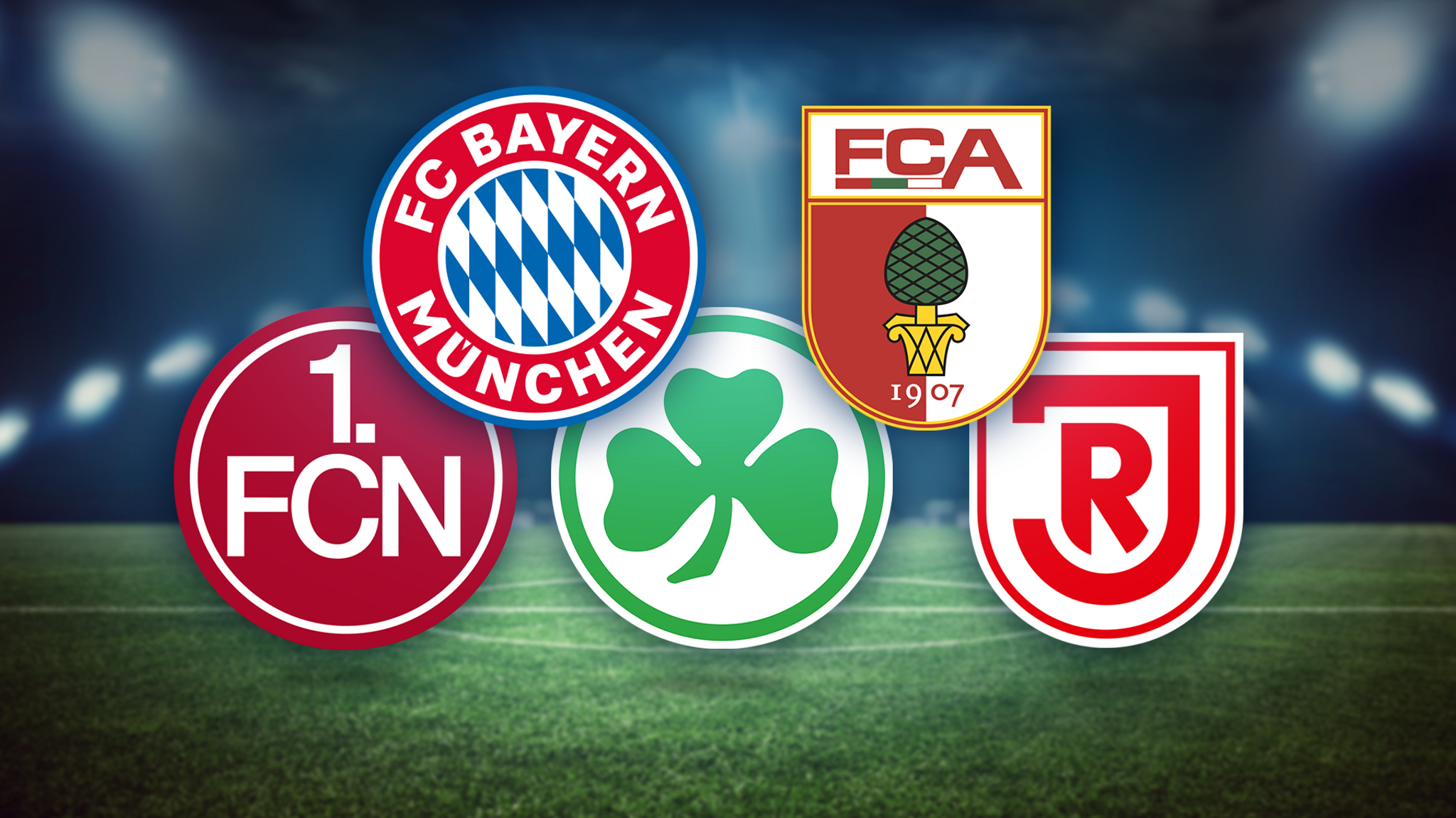 Wappen von FC Bayern München, FC Augsburg, 1. FC Nürnberg, SpVgg Greuther Fürth, SSV Jahn Regensburg